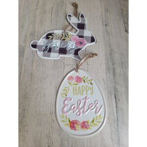 Tin metal plaid Easter bunny egg mini sign set home decor